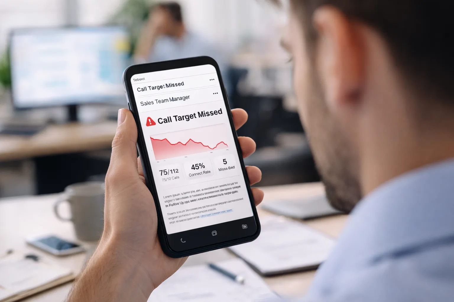 Sales manager checking email notification about missed sales team call targets on smartphone