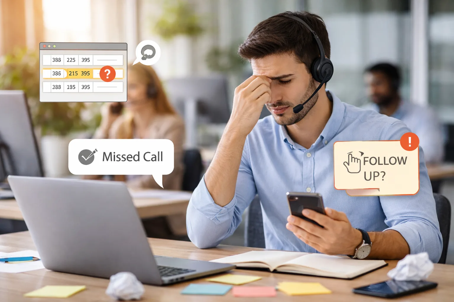 Stressed sales representative in a modern office struggling with missed calls, follow-ups, and call management errors during outbound sales calling
