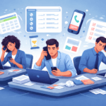 Sales team overwhelmed with manual calling process, switching between phone, laptop, and paperwork in a busy office setting
