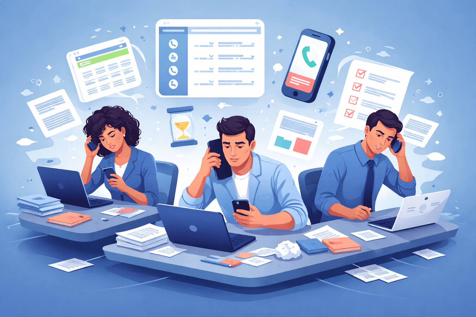 Sales team overwhelmed with manual calling process, switching between phone, laptop, and paperwork in a busy office setting