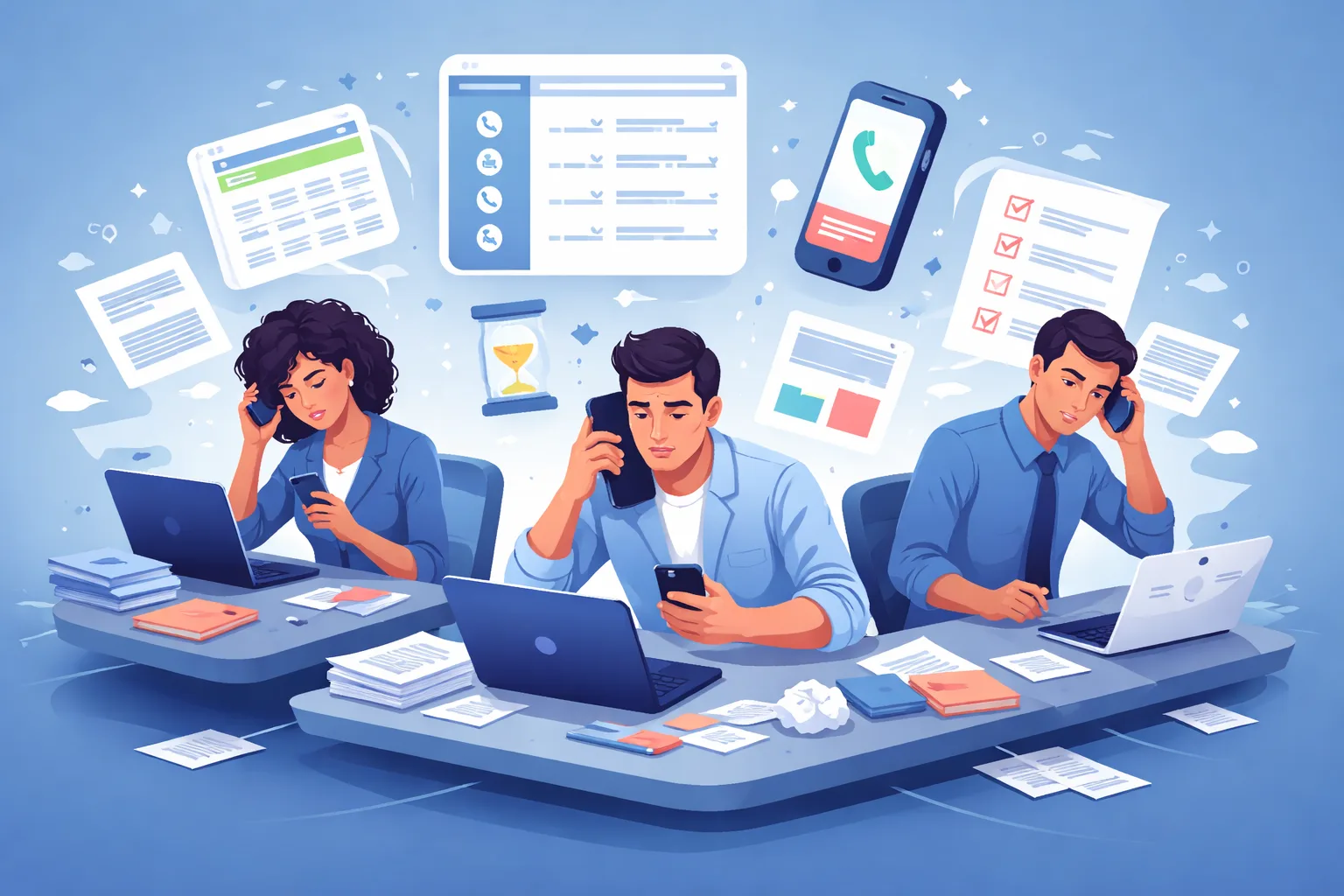 Sales team overwhelmed with manual calling process, switching between phone, laptop, and paperwork in a busy office setting