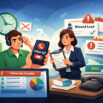 Frustrated sales representative reviewing missed calls and follow-up reminders in a modern office setting