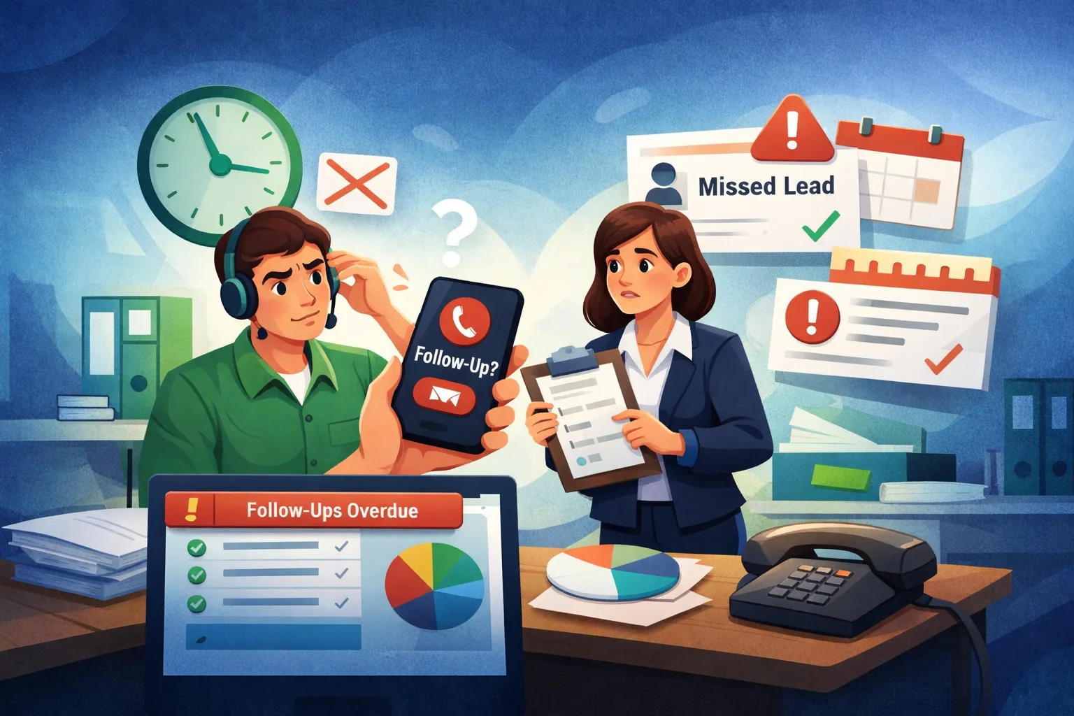 Frustrated sales representative reviewing missed calls and follow-up reminders in a modern office setting